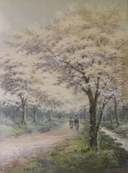 Figures And Cherry Blossom by Hiroshi Yoshida