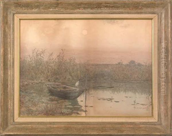 Landscape With A Crane Perched On A Boat by Hiroshi Yoshida