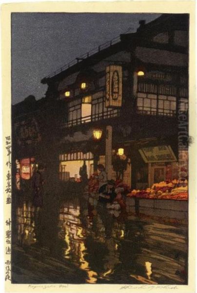 Two Prints: 'kagurazaka Dori' From The Series ````twelve Scenes Of Tokyo' And One Other Oil Painting by Hiroshi Yoshida