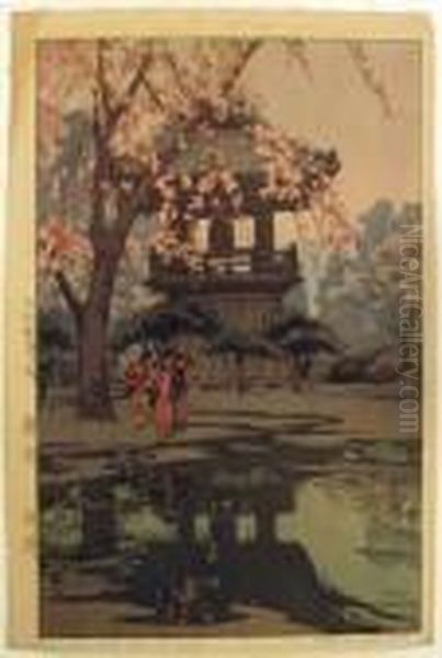 In A Temple Yard Oil Painting by Hiroshi Yoshida