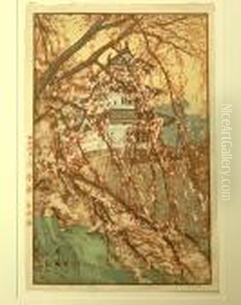 Hirasake Castle; Suzukawa; Untitled Oil Painting by Hiroshi Yoshida