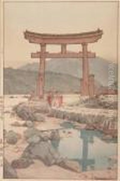 Benten Shrine In Nezumigaseki, 
Color Woodcut, 1939, Pencil Signed In Roman Script Hiroshi Yoshida , 
Jizuri Seal. - Oban: 41 X 27 Cm Oil Painting by Hiroshi Yoshida