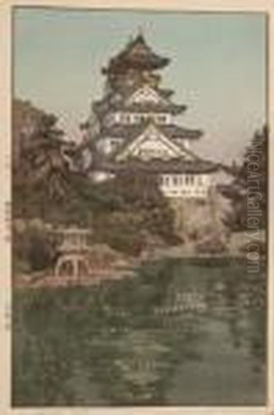 Osaka Castle, Color Woodcut, 
1935, Pencil Signed In Roman Script Hiroshi Yoshida , Jizuri Seal. - 
Oban: 41 X 27.2 Cm Oil Painting by Hiroshi Yoshida