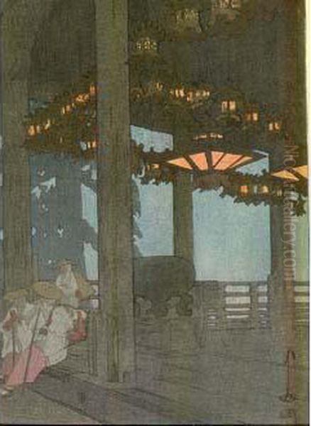 * Grand Oban Tate-e (41,5 X 27,7 Cm), L'interieur Du Temple De Nigatsudo A Nara. Oil Painting by Hiroshi Yoshida