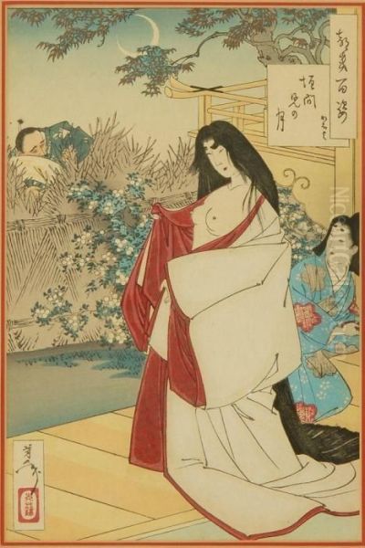 A Man Observing A Woman As She Disrobes Oil Painting by Tsukioka Kinzaburo Yoshitoshi