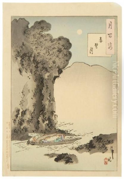 Depicting Boatman Under A Towering Cliff Oil Painting by Tsukioka Kinzaburo Yoshitoshi