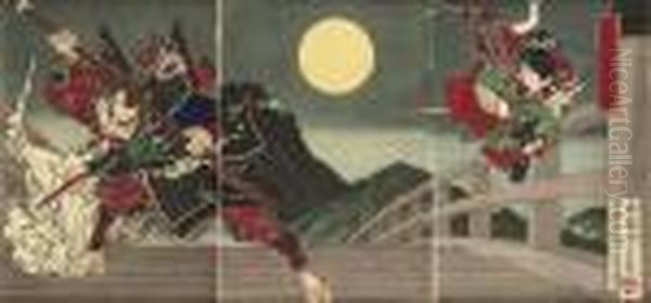 A Triptych Showing Yoshitsune 
And Benkei Fighting On Gojo Bridge, Published By Morimoto Junzaburo In 
1881, Very Good Impression, Good Colour And Condition Oil Painting by Tsukioka Kinzaburo Yoshitoshi