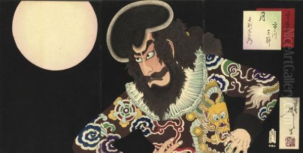 A Triptych From The Series 
'snow, Moon And Flowers', Showing Ichikawa Danjuro Ix As The Nagasaki 
Pirate Kezori Kuemon, Published By Akiyama Buemon In 1890, Very Good 
Impression, Colour And Good Condition, Left Sheet Slightly Soiled, 
Margins Trimme Oil Painting by Tsukioka Kinzaburo Yoshitoshi