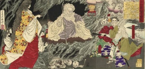 A Triptych Showing Mitokomon 
Mitsukuni-ko Subjugating A Ghost In Yahata, Published By Akiyama Buemon 
In 1881, Very Good Impression, Colour And Condition; And Two Triptychs 
By Yoshitoshi, One Showing Ema, The King Of Hell Flanked By The Spectres
 An Oil Painting by Tsukioka Kinzaburo Yoshitoshi