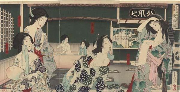 Zensei Shiki Natsu Nezu Hanayashiki Daishoro (summer: Women Bathing At The Daishoro) Oil Painting by Tsukioka Kinzaburo Yoshitoshi