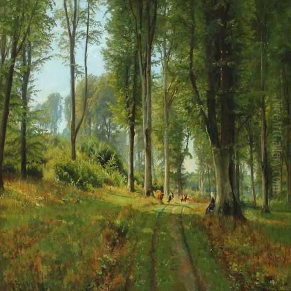 Cows Grazing In A Clearing In The Forest Oil Painting by Christian Zacho