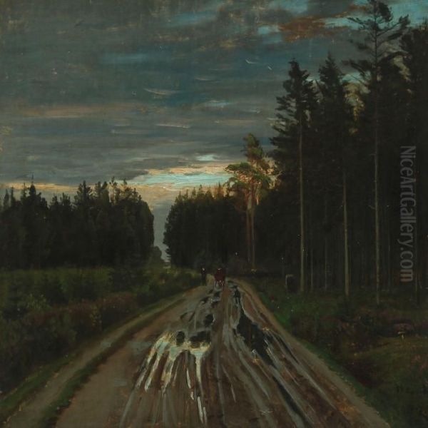 Man With Cow In Forest Near Silkeborg Oil Painting by Christian Zacho