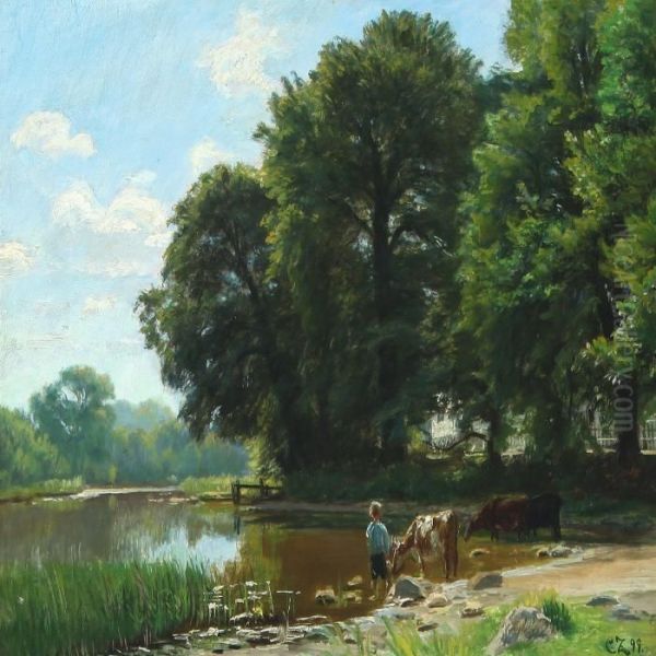 Summer Landscape With Boy And Cows At A Lake Oil Painting by Christian Zacho