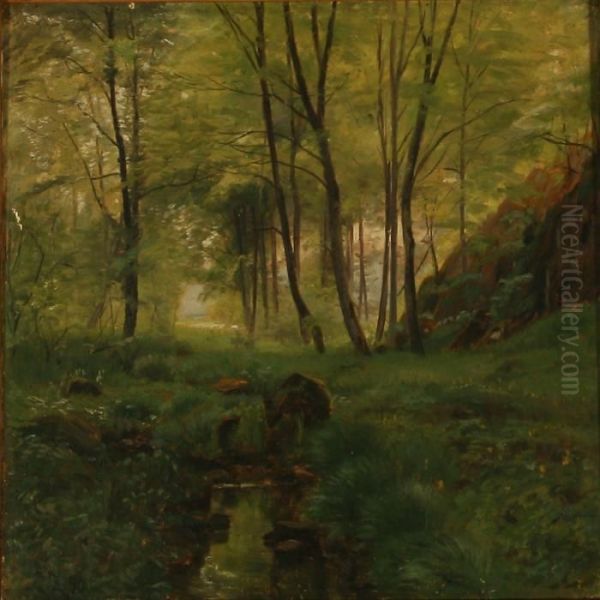 Serpentine Stream In A Forest At Summer Time Oil Painting by Christian Zacho