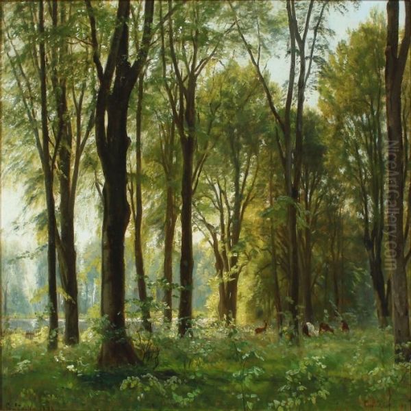 Spring Forest With Deers And A Lake Oil Painting by Christian Zacho