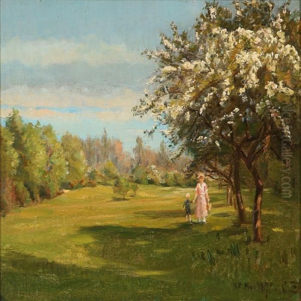 Mother And Son Walking In A Garden Oil Painting by Christian Zacho