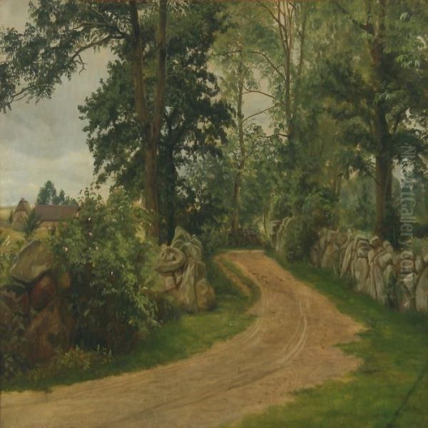 Summer Landscapewith Road Running Along Stone Fences Oil Painting by Christian Zacho