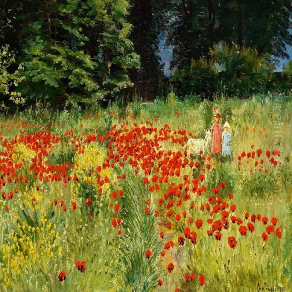 Little Girls Walkingin A Field With Red Poppies In Bloom Oil Painting by Christian Zacho