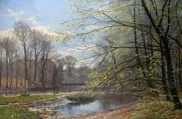 A Wooded Landscape By A Riverside Oil Painting by Christian Zacho