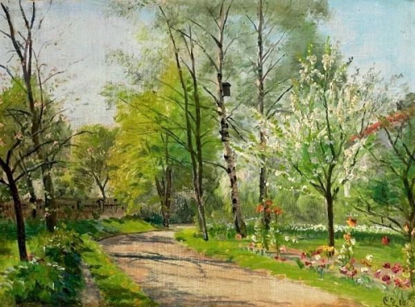 Spring Day In Frederiksberg Garden With Blooming Trees. Signed Cz 10 Oil Painting by Christian Zacho