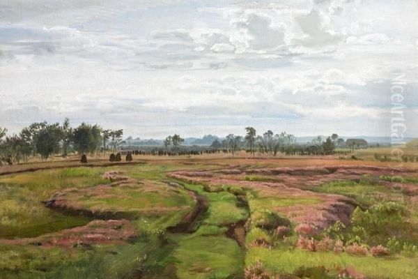 An Open Landscape With Flowering Heather Oil Painting by Christian Zacho