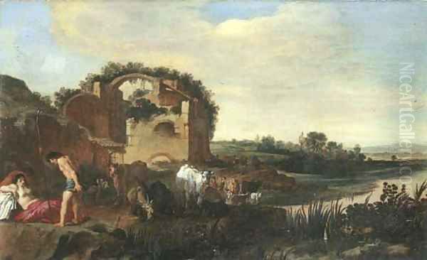 An Italianate landscape with shepherds resting with their cattle near a ruin Oil Painting by Moyses or Moses Matheusz. van Uyttenbroeck