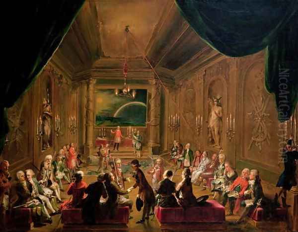 Initiation ceremony in a Viennese Masonic Lodge during the reign of Joseph II, with Mozart seated on the extreme left, 1784 Oil Painting by Ignaz Unterberger