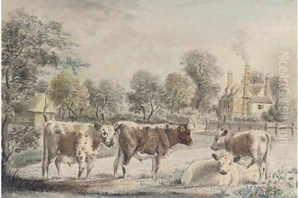 Young cattle before a farmhouse Oil Painting by Thomas Richard Underwood