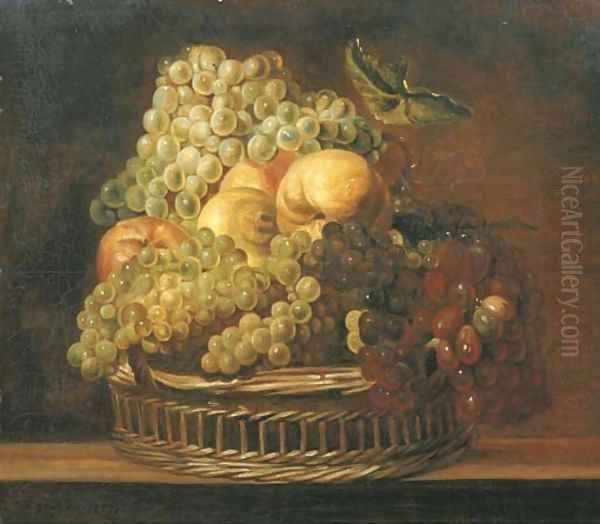 Grapes, apples, a peach and a lemon in a wicker basket on a wooden ledge Oil Painting by Adriaen van Utrecht