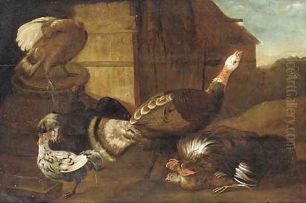 A turkey, cocks and chickens in a farmyard Oil Painting by Adriaen van Utrecht