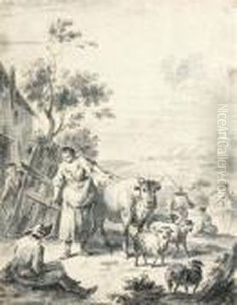 A Milkmaid With Cattle And Sheep Oil Painting by Giuseppe Zais