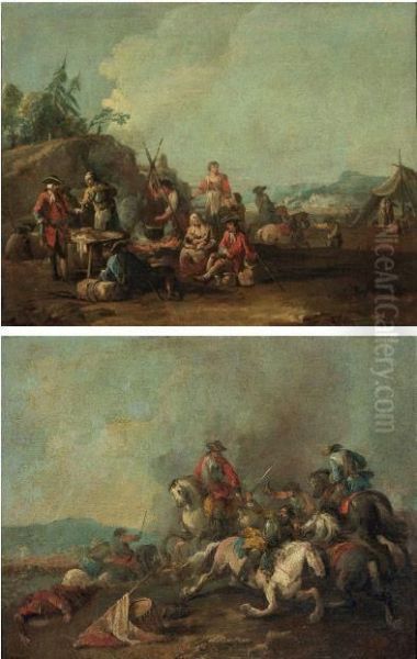 Accampamento Intorno Al Fuoco E Battaglia Di Cavalleria Oil Painting by Giuseppe Zais