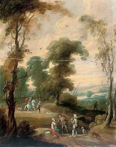 A wooded landscape with a hawking party on a track Oil Painting by Lucas Van Uden