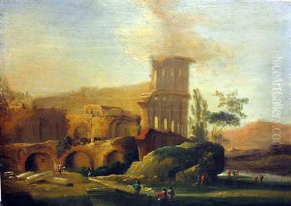 Figures In An Italianate Landscape Oil Painting by Giuseppe Zais