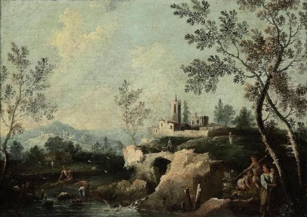 A Wooded River Landscape With Peasants, A Village Beyind Oil Painting by Giuseppe Zais