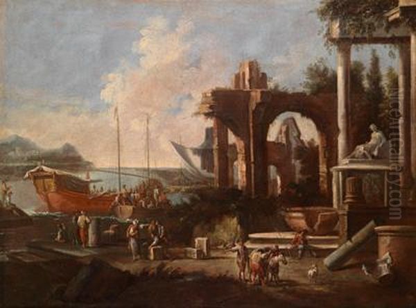 Sudlicherseehafen Mit Ruinen Und Handlern Beim Entladen Eines Schiffes Oil Painting by Giuseppe Zais