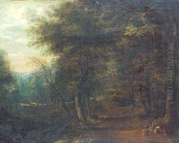 A wooded landscape with travellers on a track Oil Painting by Lucas Van Uden