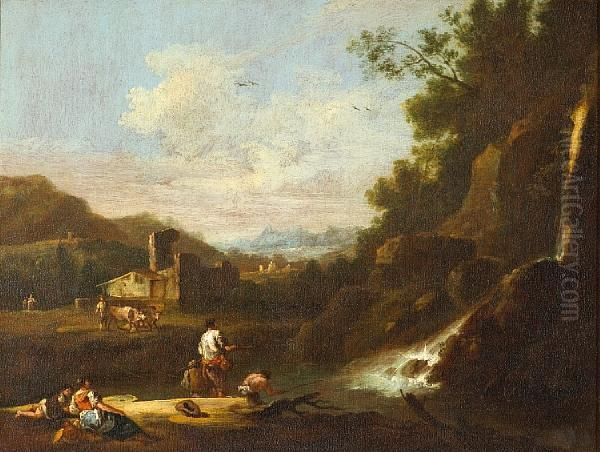 An Italianate Landscape With Figures Fishing Below A Waterfall Oil Painting by Giuseppe Zais