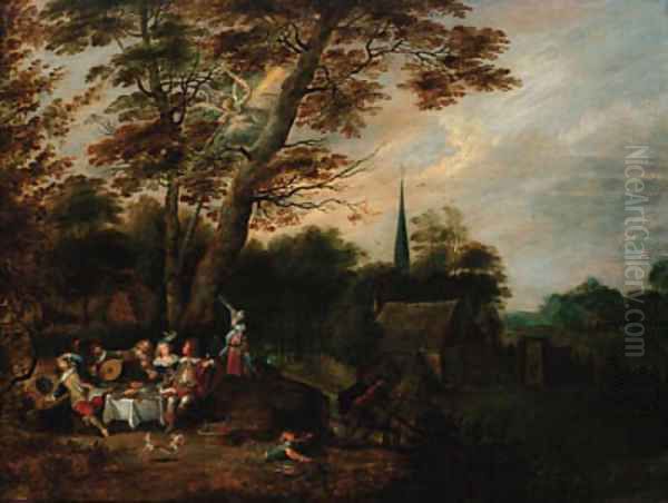 Elegant company at table in a wooded landscape, a village beyond with an angel of the Apocalypse above Oil Painting by Lucas Van Uden