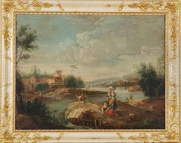 Paesaggio Con Fiume E Lavandaie Oil Painting by Giuseppe Zais