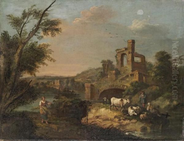 A Wooded River Landscape With Herdsmen And Their Cattle Resting Ona Bank, Ruins Beyond Oil Painting by Giuseppe Zais