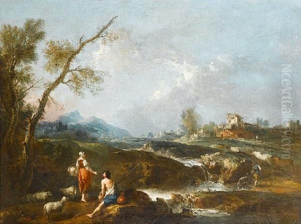 A River Landscape With Pastoral 
Figures And Aflock In The Foreground, An Italian Village In The 
Background Oil Painting by Giuseppe Zais