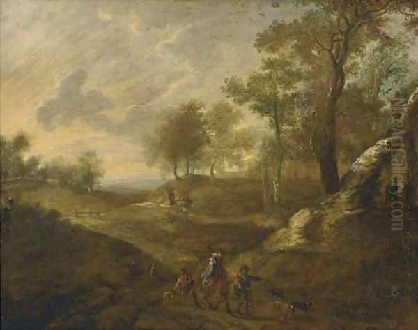 A wooded landscape with huntsmen on a path Oil Painting by Lucas Van Uden