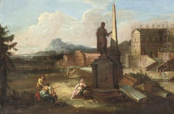 A Capriccio View Of Rome With 
Figures Conversing By A Statue And An Obelisk, The Colloseum And Other 
Ancient Buildings Beyond Oil Painting by Giuseppe Zais