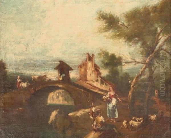 A River Landscape With A Herdsman Resting Near A Bridge, A Fortress Beyond Oil Painting by Giuseppe Zais