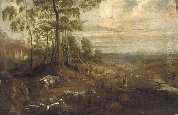 An extensive landscape with figures and cattle by a river, a castle in the distance Oil Painting by Lucas Van Uden