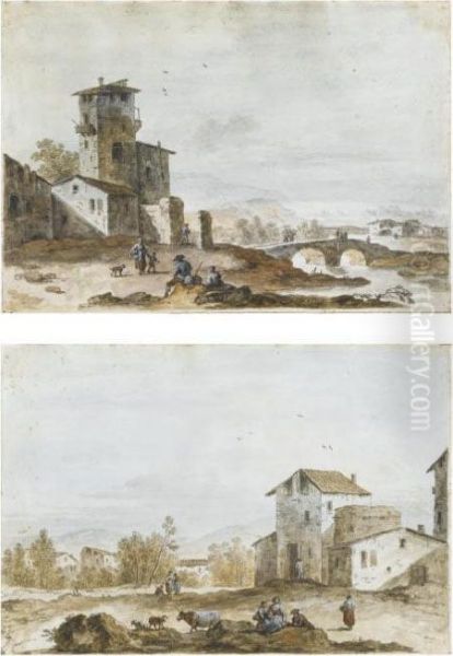 Paesaggio Rurale Con Contadini E Animali; E Paesaggio Fluviale Con Viandanti Oil Painting by Giuseppe Zais