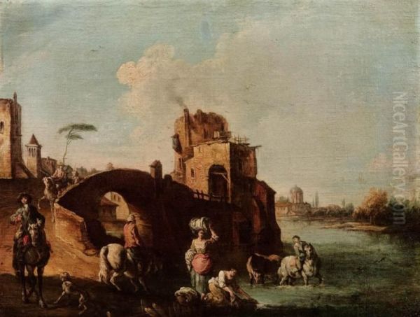 Paesaggio Fluviale Con Torrione, Ponte, Cavalieri E Lavandaie Oil Painting by Giuseppe Zais