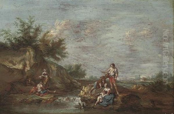 An Italianate River Landscape With Travellers And Anglers, A Town Beyond Oil Painting by Giuseppe Zais