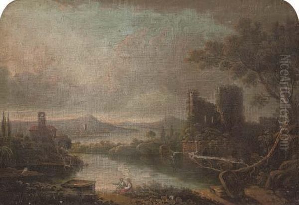 An Italianate Wooded River 
Landscape With Figures In The Foreground, A Ruined Castle Beyond Oil Painting by Giuseppe Zais